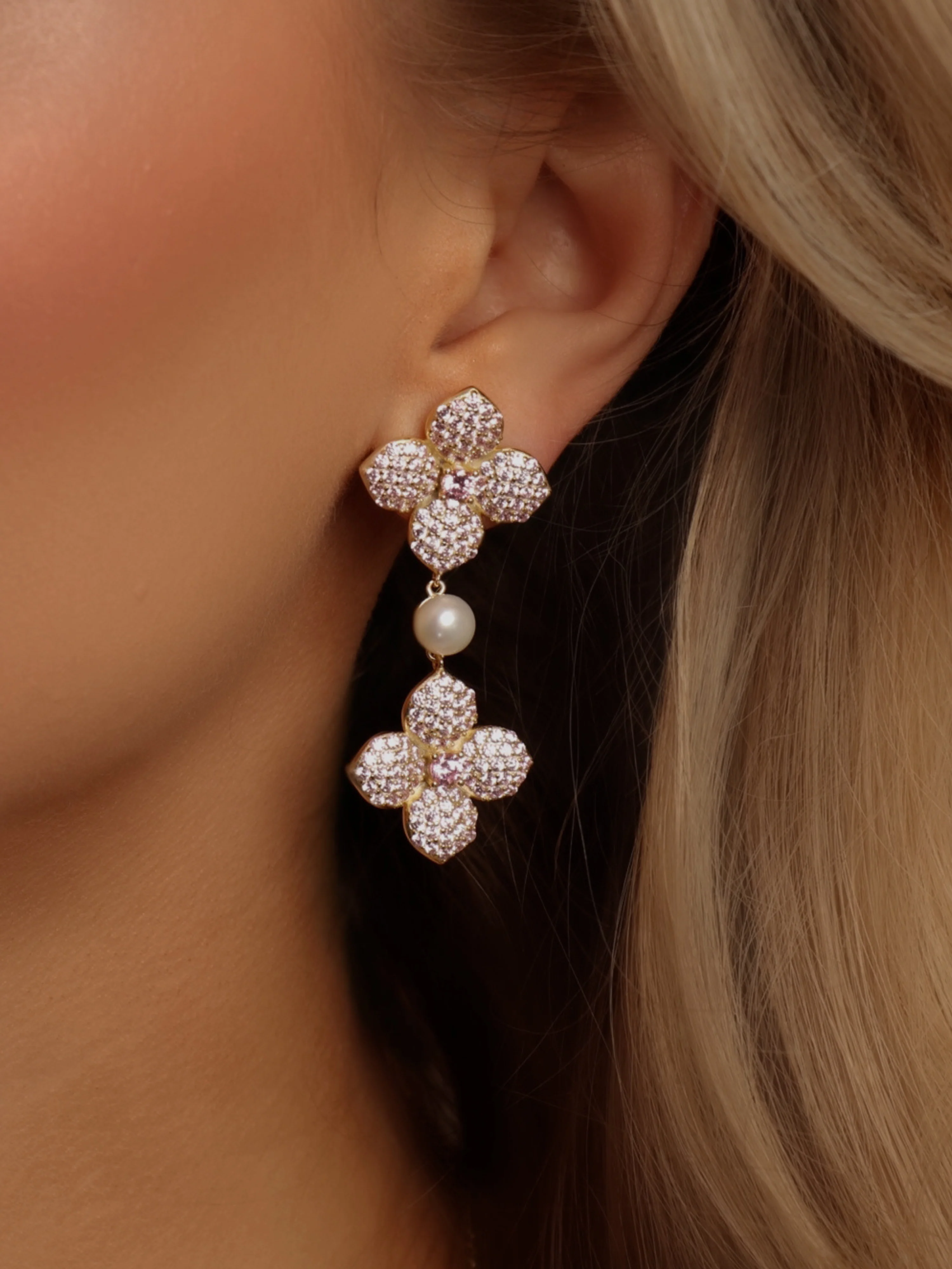 Hydrangea Pearl Drop Earring - Light Pink - Image 2