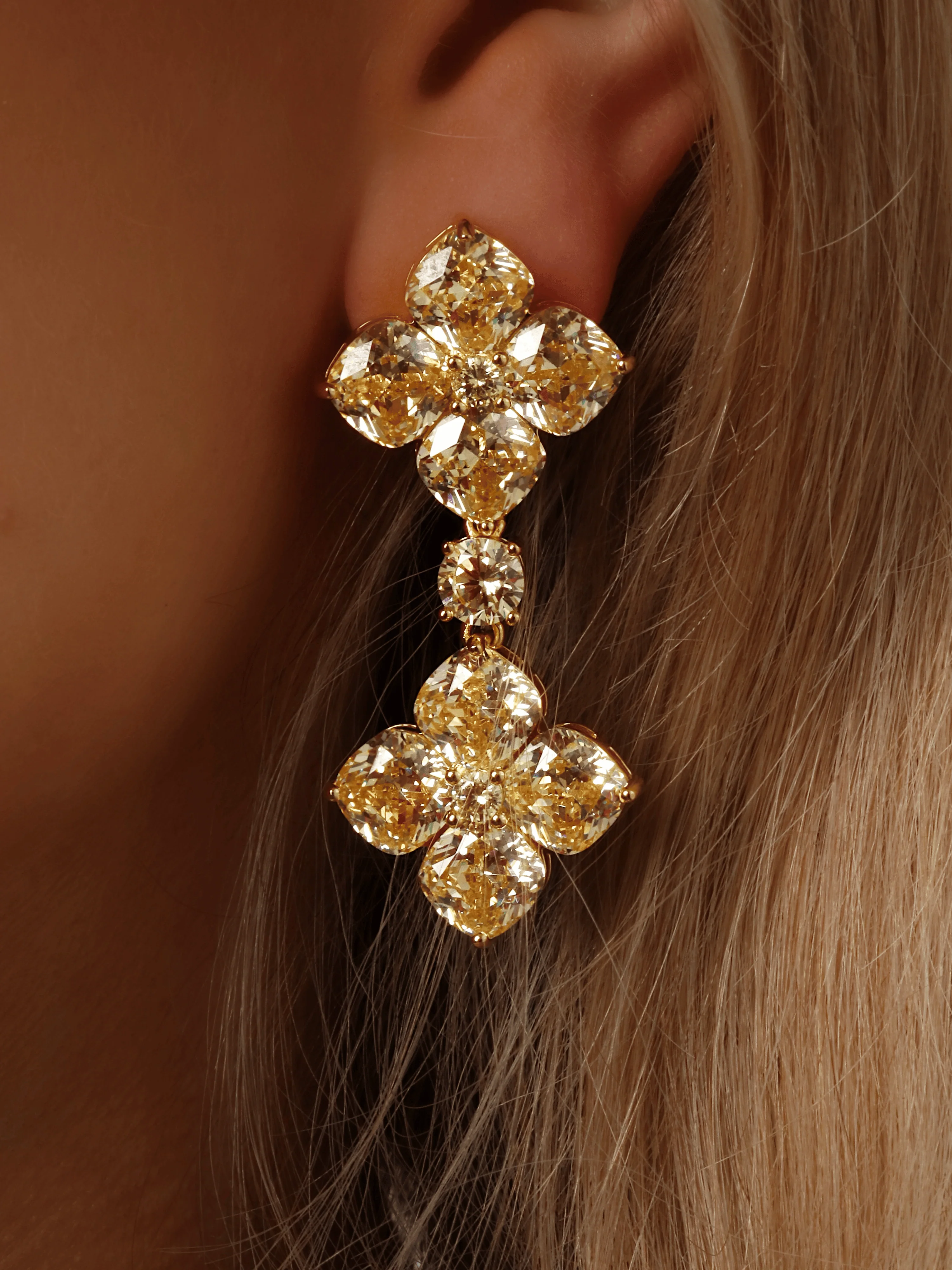 Large Double Crystal Hydrangea Drop Earrings - Lemon Drop