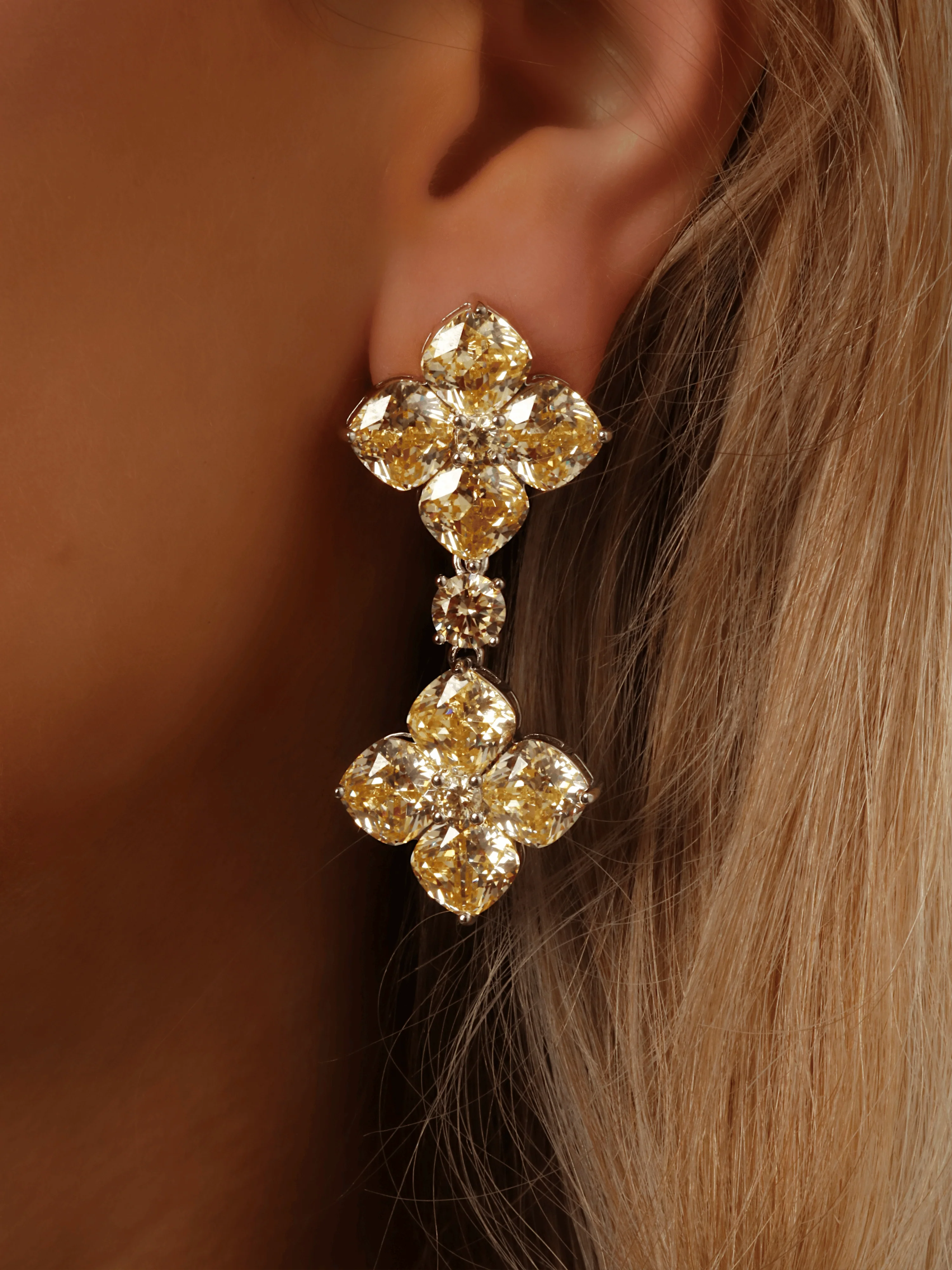 Large Double Crystal Hydrangea Drop Earrings - Lemon Drop